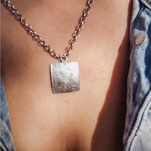 Hammered Silver Tone Square Pendant w/ Leather Straps & Coordinating Earrings
